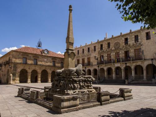 una estatua frente a un edificio con una torre en Apartamento Ca'Sara, en Soria