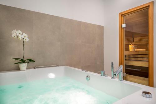 a bathroom with a tub with a potted plant at Villa Olive Grove in Duće