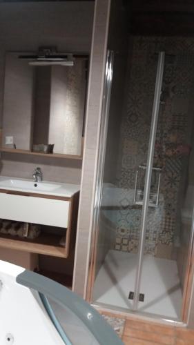 a bathroom with a glass shower and a sink at Lagar II con Jacuzzi in Curiel de Duero