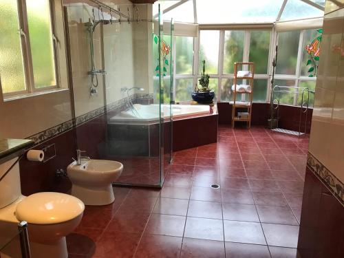 a bathroom with a shower and a toilet and a tub at Taj on Byrnes - Private Luxury Apartment Mareeba in Mareeba