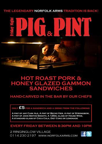 a flyer for a hot roast pork and honeyazed caramel sandwiches at Norfolk Arms Hotel, Ringinglow in Sheffield