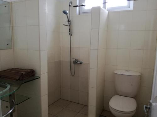 a bathroom with a shower with a toilet and a window at Trendzone Apartments in Grand Baie