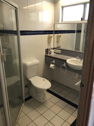 a bathroom with a toilet and a sink and a shower at Bororen Hotel Motel in Bororen