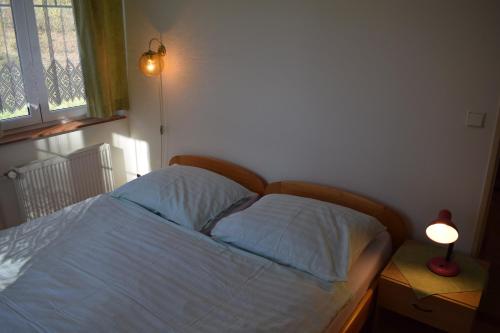 ein Schlafzimmer mit einem Bett, einem Fenster und einer Lampe in der Unterkunft Penzion Ve starém krámě 147 in Srbská Kamenice