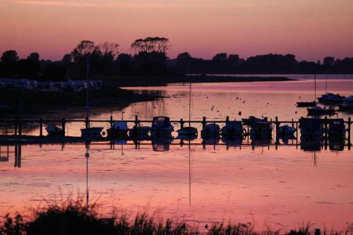 a group of boats in the water at sunset at Ferienwohnung Regenbogenhaus in Hasselberg