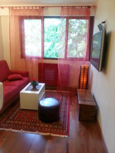 a living room with a red couch and a table at studio bellevue in Clamart