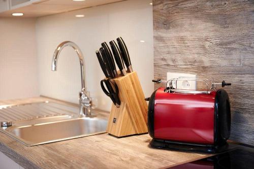 eine Küchentheke mit einem roten Toaster neben einer Spüle in der Unterkunft FraulindnerFerien Doppelzimmer Lüneburg in Westergellersen