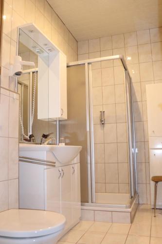 a bathroom with a shower and a sink and a toilet at Hotel Rupertihaus in Heiligenblut