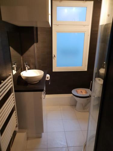 uma casa de banho com um lavatório, uma janela e um WC. em Sweet home em Dijon