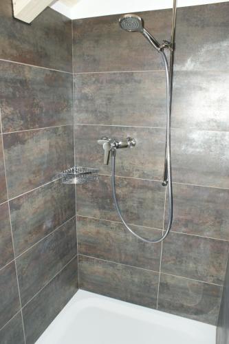 a shower with a shower head in a bathroom at L'hôtât di loup in Courtedoux