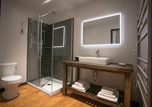 uma casa de banho com um lavatório e uma cabina de duche em vidro. em Le Littoral Bistro Gourmand et Auberge em Sainte-Anne-des-Monts