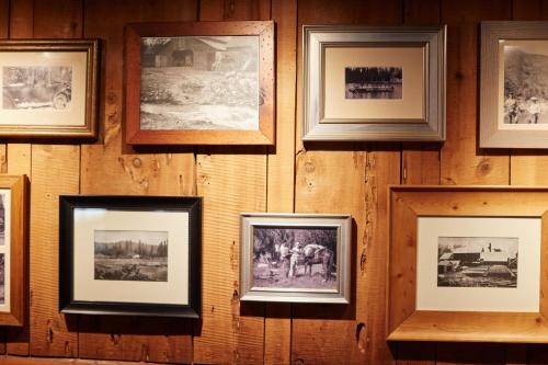 a wall with framed pictures on a wooden wall at Evergreen Lodge at Yosemite in Groveland