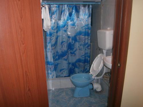 a bathroom with a toilet and a blue shower curtain at Vila Patria in Podgorica