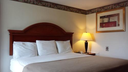 ein Hotelzimmer mit einem Bett mit weißen Kissen und einer Lampe in der Unterkunft Americas Best Value Inn - Palmyra/Hershey in Palmyra