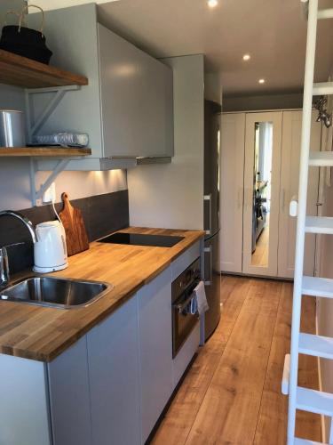 eine Küche mit einer Spüle und Holzböden in der Unterkunft Lakeview Studio in Stavsjo