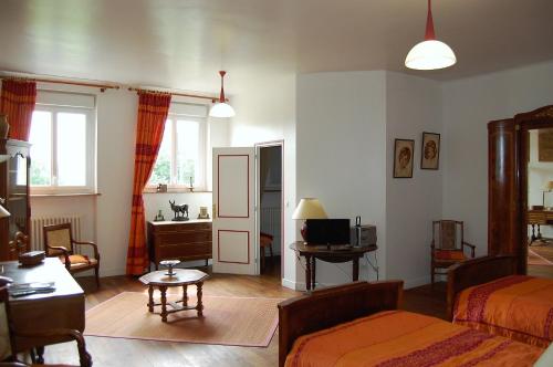 un salon avec un lit et un canapé dans l'établissement Château de broyes, à Broyes