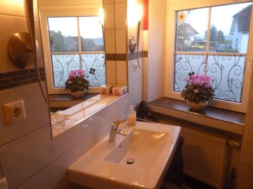 ein Badezimmer mit einem Waschbecken und einem Spiegel sowie zwei Fenstern in der Unterkunft BelEtage Eifel in Anschau