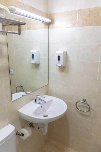 a bathroom with a sink and a mirror and a toilet at Alda Estella Hostel in Estella