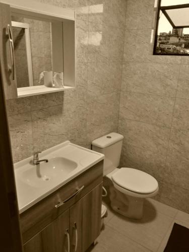 La salle de bains est pourvue de toilettes, d'un lavabo et d'un miroir. dans l'établissement APTO 02 QUARTOS PRÓXIMO AO HOSP> REGIONAL, à Chapecó