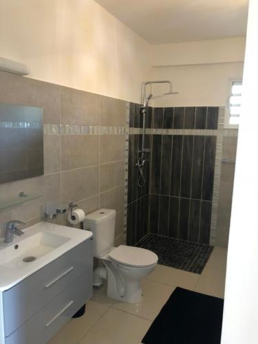 a bathroom with a sink and a toilet and a shower at Appartement « Lilas » SEAVIEW in Le Marin