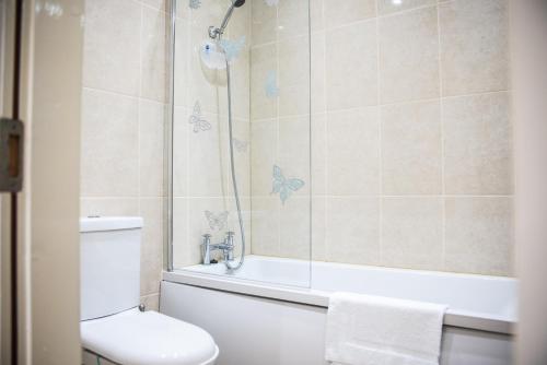 een badkamer met een douche, een toilet en een bad bij Holywell Way Swords in Cloghran