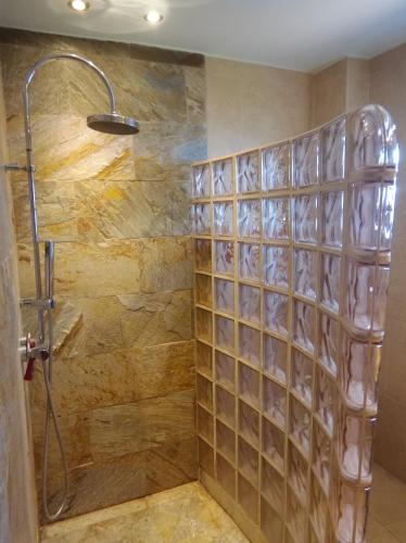 a shower in a bathroom with a stone wall at *****Finca Bella Vista in Arucas