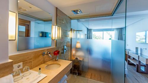 a bathroom with a sink and a glass shower at Hotel Coronado Thalasso & Spa in Paguera