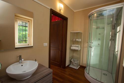 a bathroom with a sink and a glass shower at B&B Casa dell'Orso in Lurisia