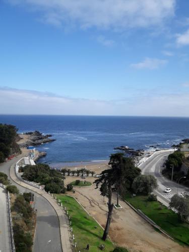 a view of a road next to the ocean at Vista Mar Apartment in Valparaíso
