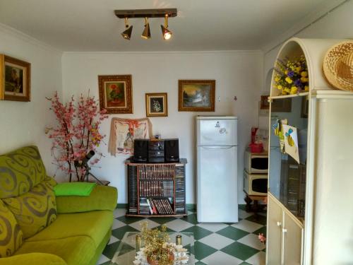 トレモリノスにあるApartamento Sol Montemaのリビングルーム(緑のソファ、冷蔵庫付)