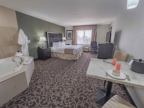 ein Hotelzimmer mit einem Bett und einem TV in der Unterkunft Paradise Inn and Suites Redwater in Redwater