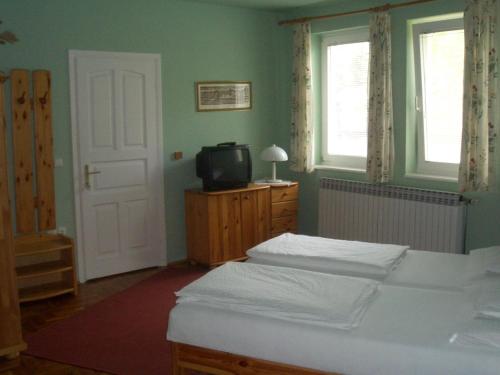 a bedroom with a bed and a tv on a dresser at Apartments-Mini-Hotel in Csongrád