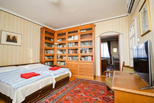 sypialnia z łóżkiem i telewizorem z płaskim ekranem w obiekcie Vigadó Square Panorama Apartment w Budapeszcie