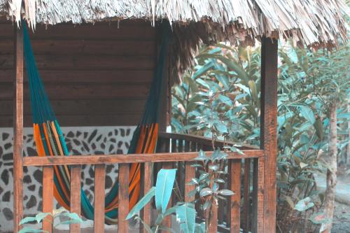 two hammocks on a fence in front of a hut at Cohune Palms River Cabanas in Bullet Tree Falls