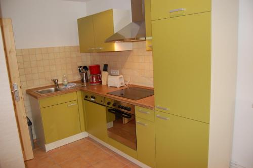 a small kitchen with green cabinets and a sink at Zum Goldenen Anker in Stralsund