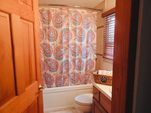 a bathroom with a toilet and a shower curtain at Lemon and Ginger in Pembroke