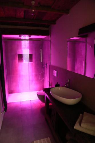 a bathroom with pink lighting and a sink and a shower at L'armonia della natura in Aosta