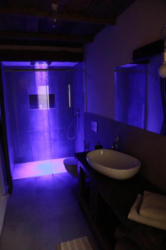 a bathroom with a sink and a shower with purple lighting at L'armonia della natura in Aosta