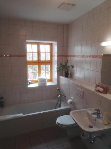 a bathroom with a tub and a toilet and a sink at Hotel Altes Salzamt in Bad Dürrenberg