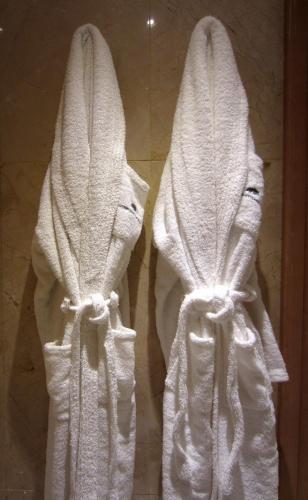 two towels hanging on a wall in a bathroom at Gran Hotel Los Abetos in Santiago de Compostela