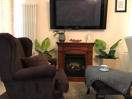 a living room with a fireplace and a flat screen tv at Apartamenty Blisko Centrum in Toruń