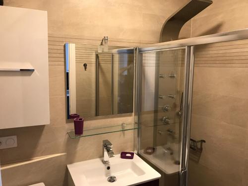 La salle de bains est pourvue d'un lavabo et d'une douche. dans l'établissement Le Paradis Blue, à Nice