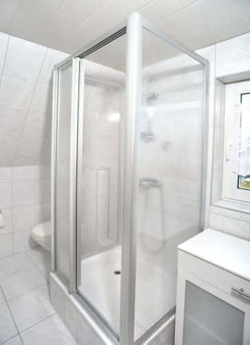 a shower with a glass door in a bathroom at Star Camp Cosa, Ferienwohnungen, Camping, Schlaffässer in Friedland