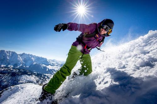 a person riding a snowboard on top of a mountain at Der Seebacherhof in Tauplitz