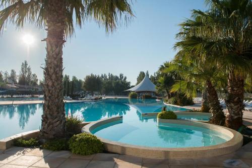 a large swimming pool with palm trees in a resort at VIAS PLAGE - PISCINE LAGON !-MER A 500 M ! Camping 4 ETOILES MHome 6 pers T confort in Vias
