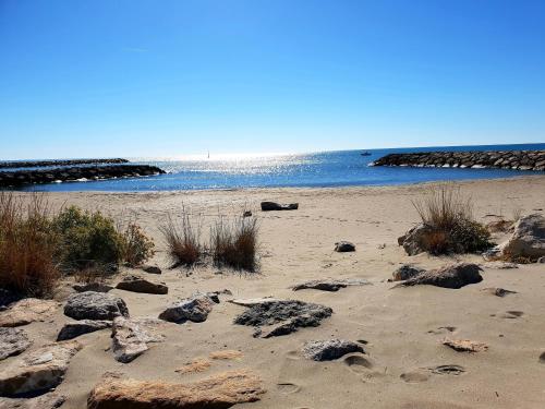 a beach with rocks in the sand and water at Hotel Les Palmiers En Camargue in Saintes-Maries-de-la-Mer