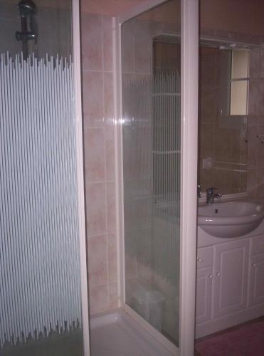 une salle de bain avec douche et lavabo dans l'établissement Gite à Sablonceaux pres de royan et la palmyre, à Sablonceaux