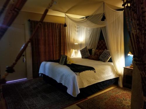 沙漠溫泉的住宿－埃爾摩洛哥住宿加早餐旅館及spa中心，一间卧室配有一张带天蓬的床