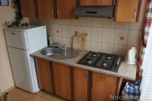 a kitchen with a sink and a stove and a refrigerator at Pokoje u Szlachty in Szczawnica