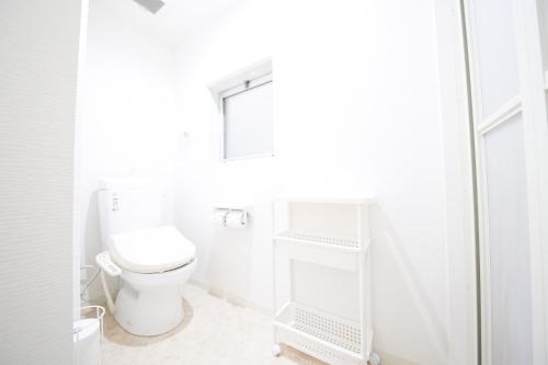 a white bathroom with a toilet and a mirror at Guest House Re-worth Yabacho1 402 in Nagoya